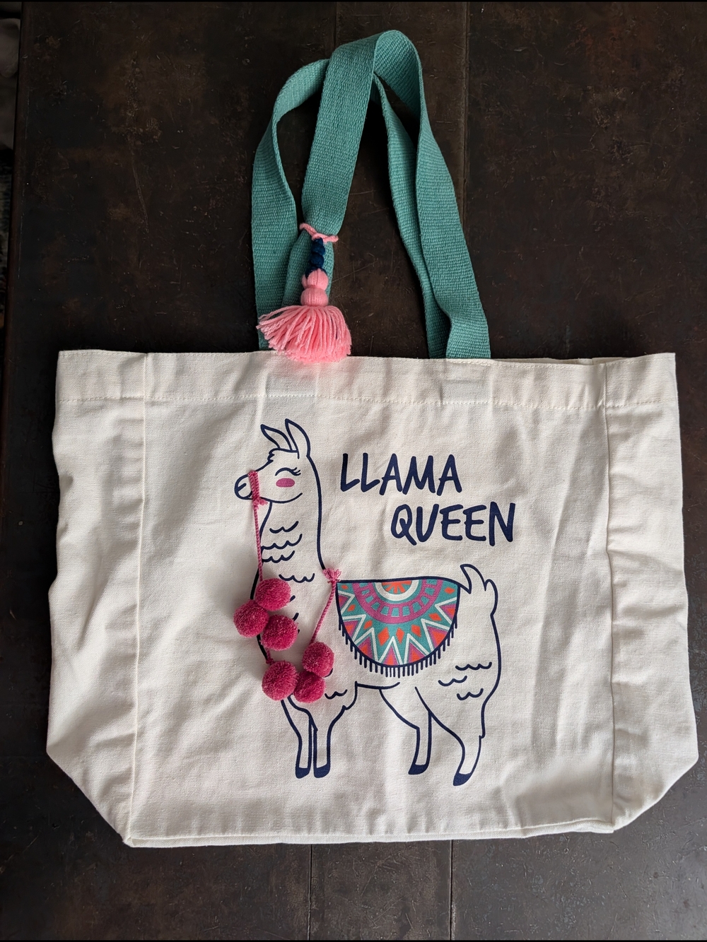 Llama Queen Canvas Tote Bag - Cream with Teal Straps